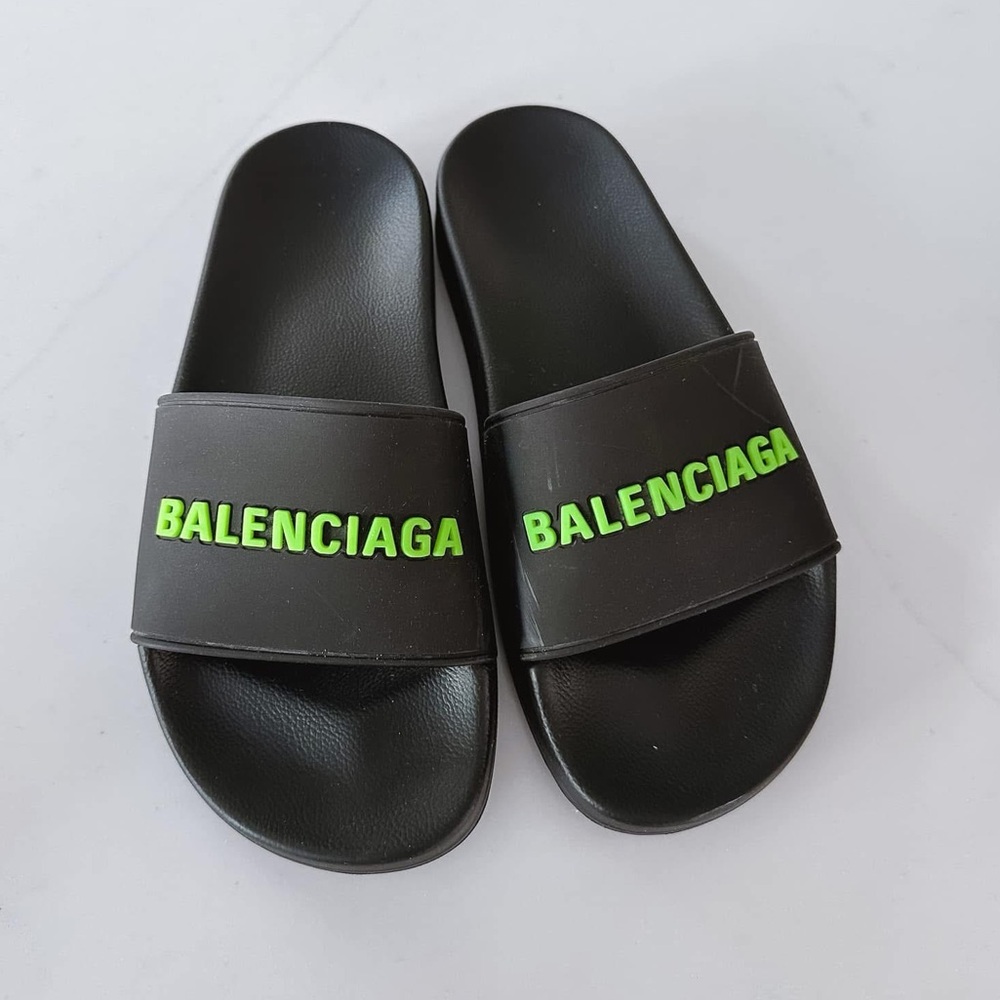 AUTHENTIC Balenciaga Black with Green Logo Pool Slides